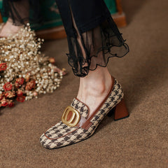 Ivee Chunky Heel Plaid Loafers with Gold Chain newgew