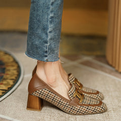 Irma Brown Plaid Block Heel Loafers Newgew