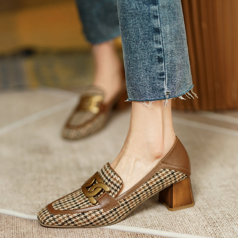 Irma Brown Plaid Block Heel Loafers Newgew