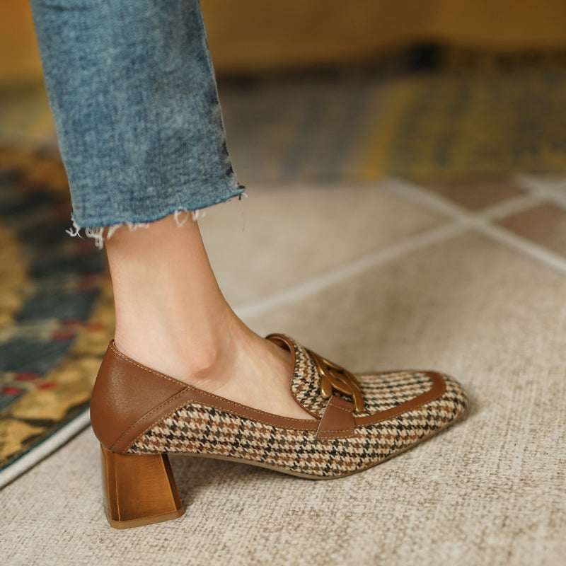 Irma Brown Plaid Block Heel Loafers Newgew