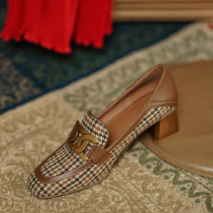 Irma Brown Plaid Block Heel Loafers Newgew