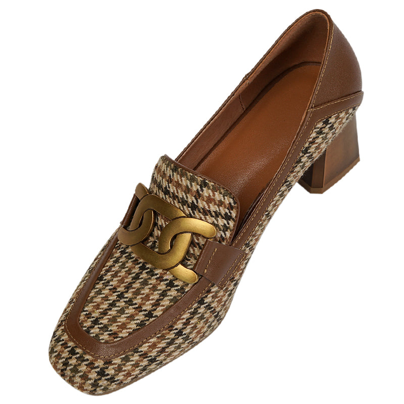 Irma Brown Plaid Block Heel Loafers Newgew