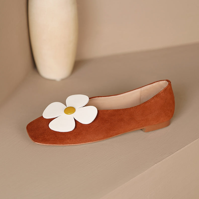 Iman Brown Square Toe Ballet Flats with Flowers Newgew