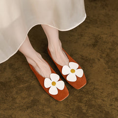 Iman Brown Square Toe Ballet Flats with Flowers Newgew