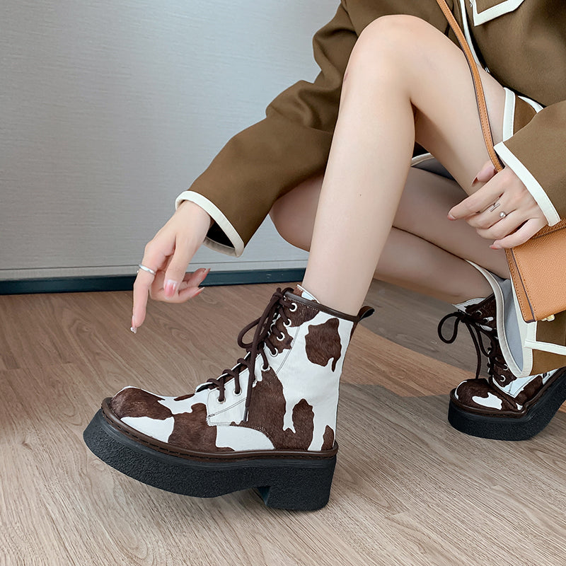 Nila Brown Cow Print Boots Newgew