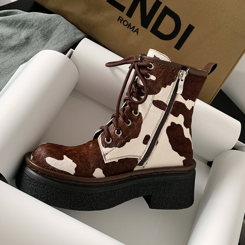 Nila Brown Cow Print Boots Newgew