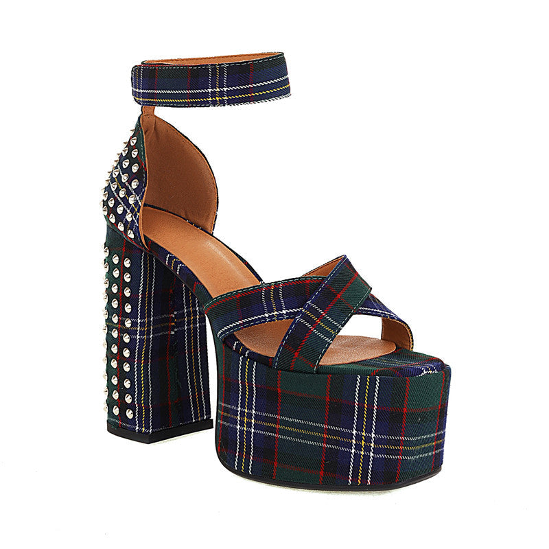 Elizabeth Platform Chunky Heel Studded Plaid Sandals NEW GEW