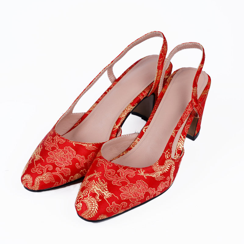 Carmella Dragon Embroidery Slingback Heels Newgew