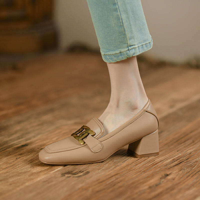 Zena Genuine Leather Chunky Heel Loafers with Chain Newgew