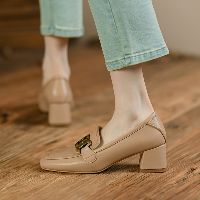 Zena Genuine Leather Chunky Heel Loafers with Chain Newgew