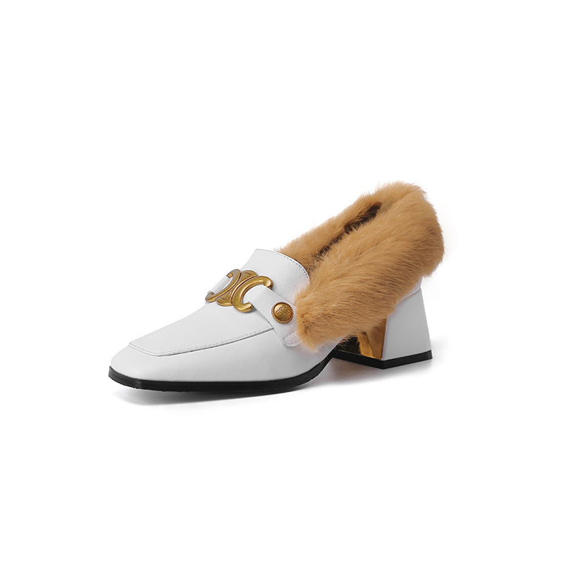 Zofia Genuine Leather Chunky Heel Loafers with Fur Newgew