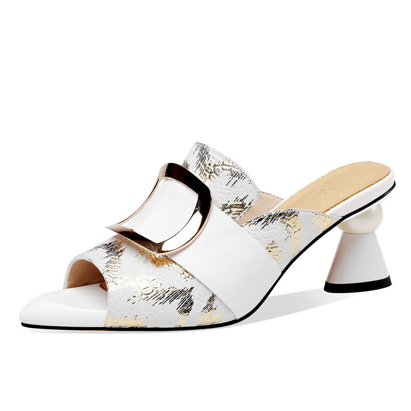 Dominique Print Leather Open Toe Novelty Heel Mules NEW GEW