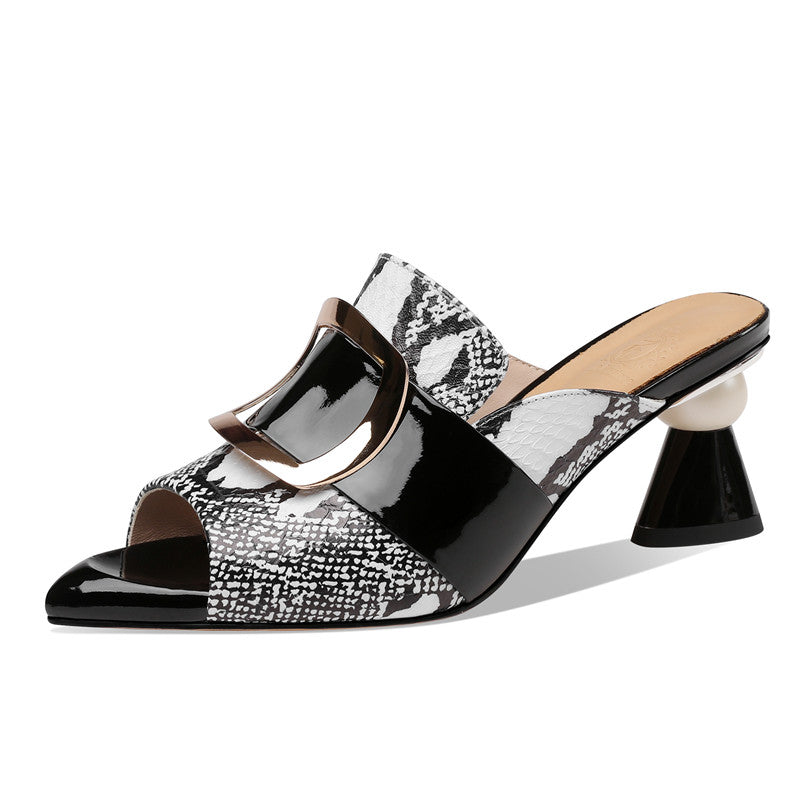 Dominique Print Leather Open Toe Novelty Heel Mules NEW GEW