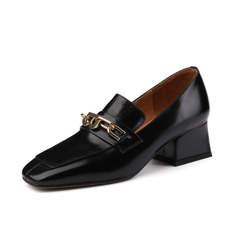 Carlee Genuine Leather Heeled Loafers with Chain Newgew