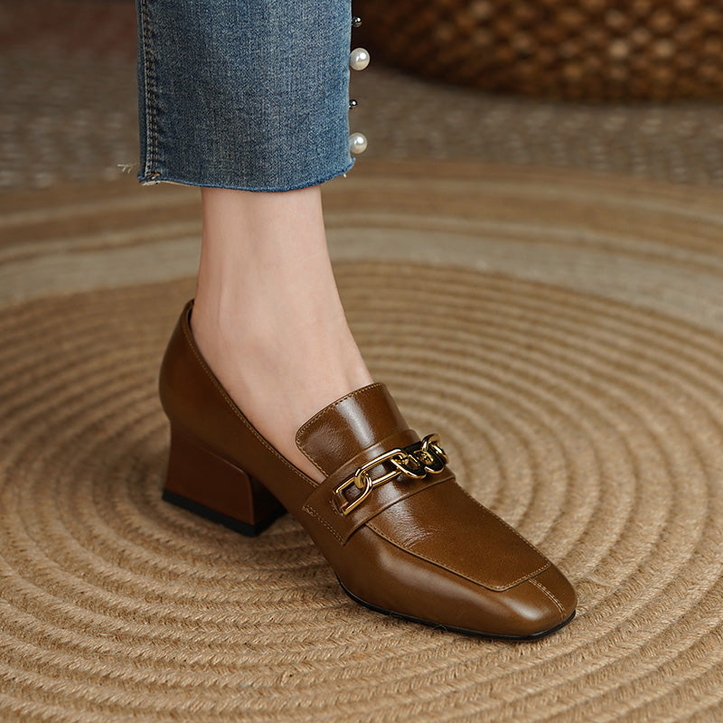 Carlee Genuine Leather Heeled Loafers with Chain Newgew