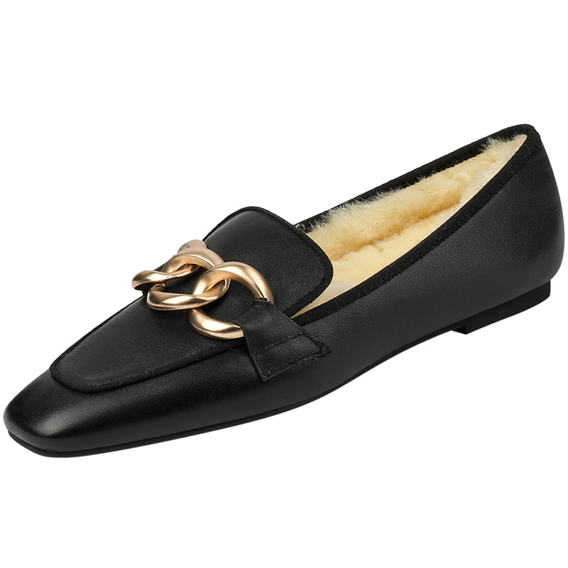 Zia Wool Genuine Leather Winte Loafers with Chain Newgew