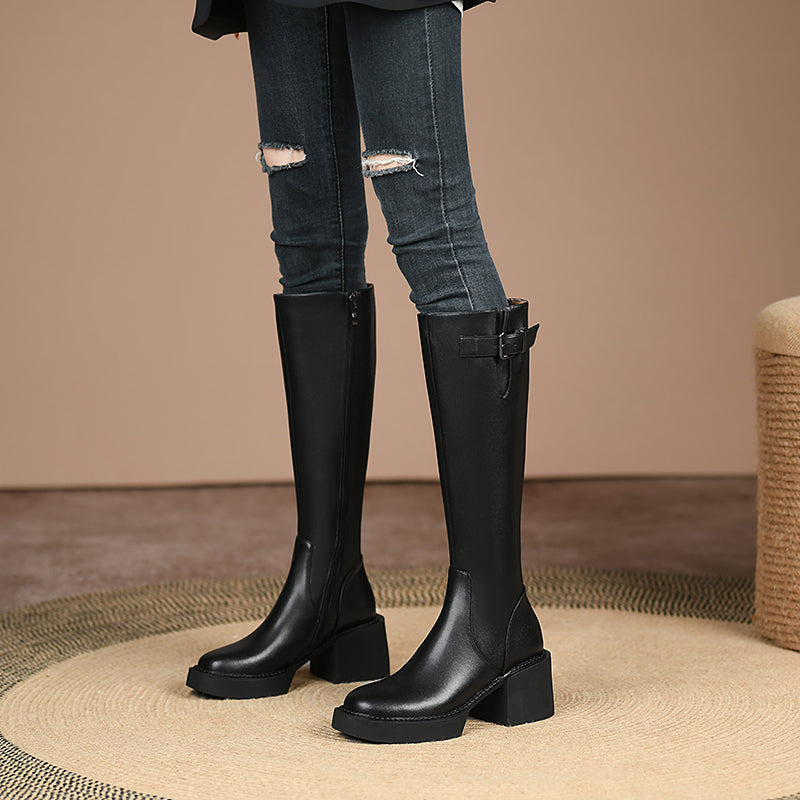 Nyomi Black Block Heel Knee High Boots Newgew