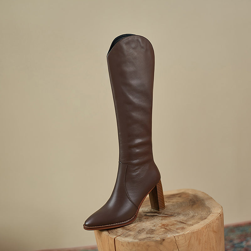 Islah Block Heel Brown Knee High Leather Boots Newgew