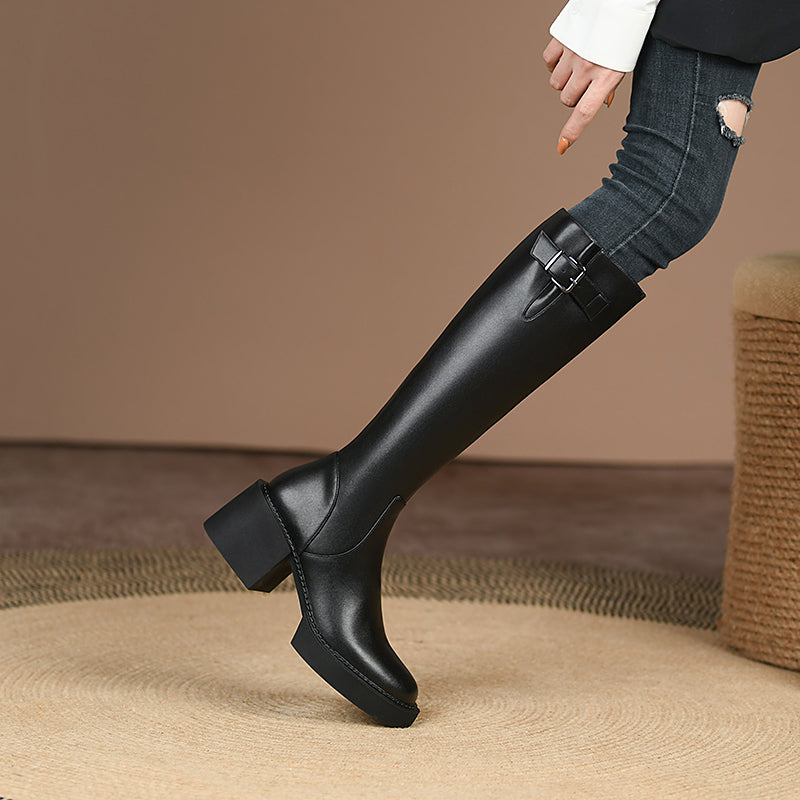 Nyomi Black Block Heel Knee High Boots Newgew