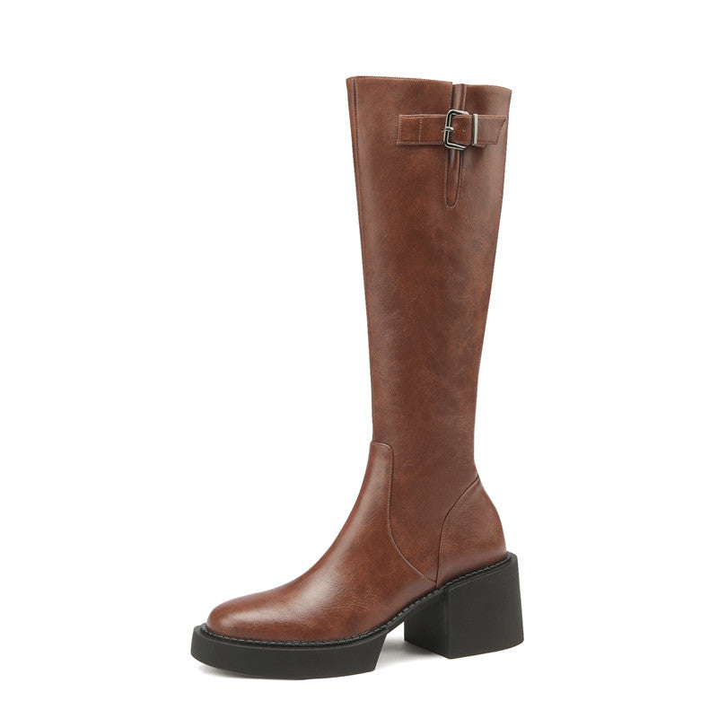 Nyomi Brown Block Heel Knee High Boots Newgew