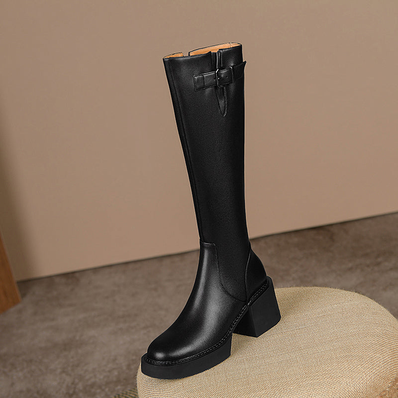 Nyomi Black Block Heel Knee High Boots Newgew