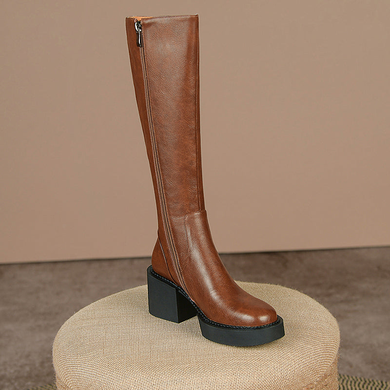 Nyomi Brown Block Heel Knee High Boots Newgew