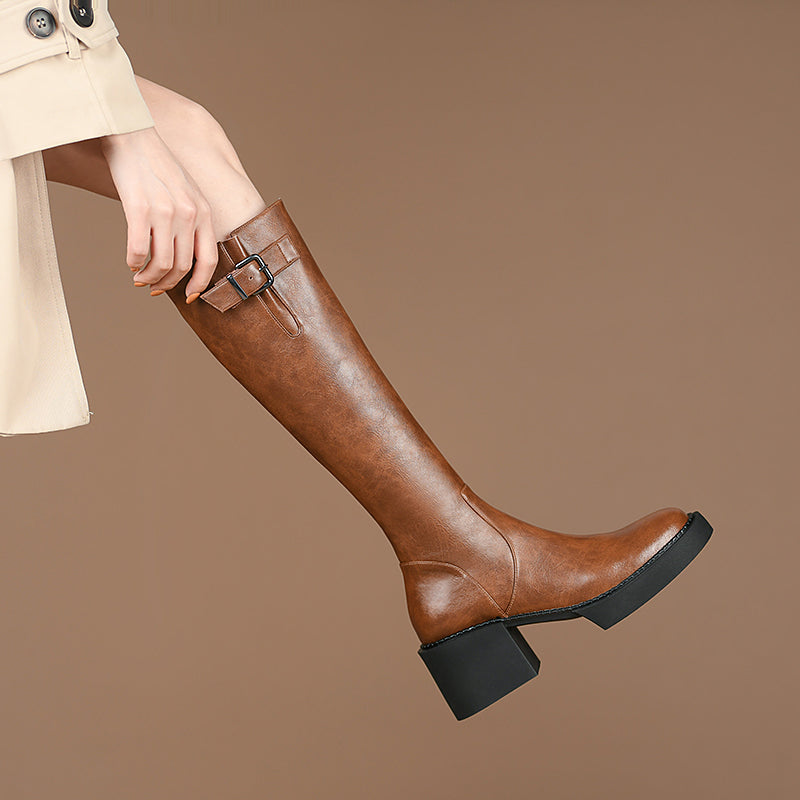 Nyomi Brown Block Heel Knee High Boots Newgew