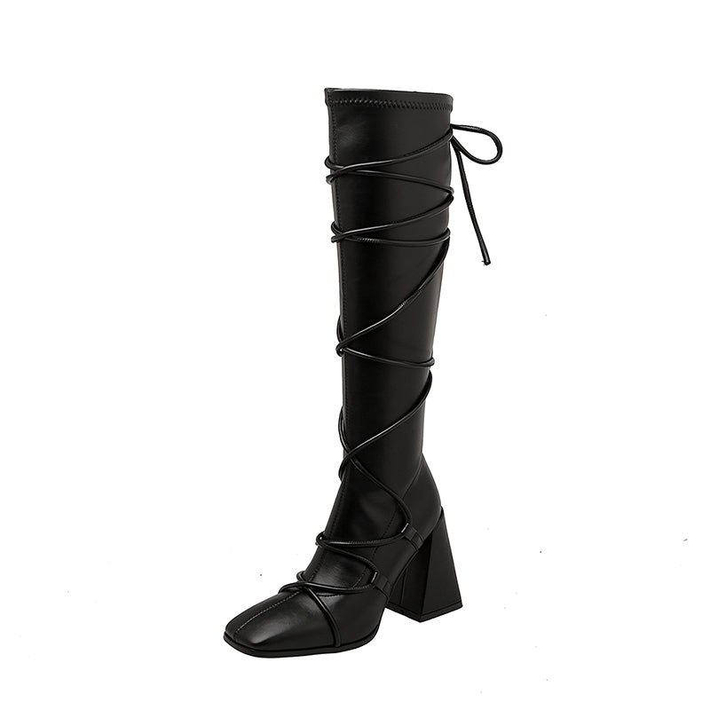 Eva Vegan Leather Chunky Heel strappy Knee High Boots NEW GEW