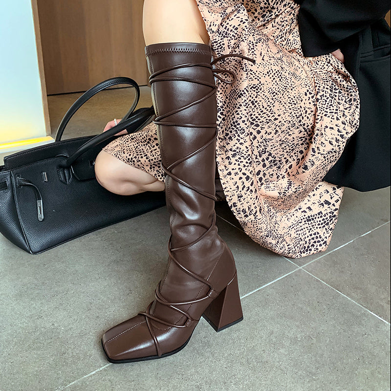 Eva Vegan Leather Chunky Heel strappy Knee High Boots NEW GEW