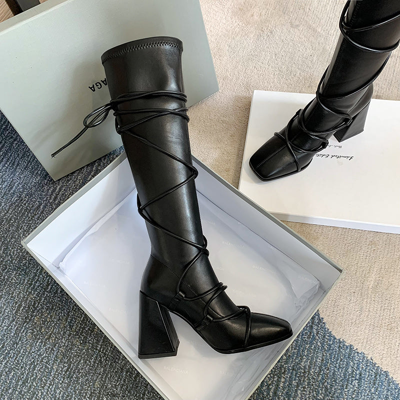 Eva Vegan Leather Chunky Heel strappy Knee High Boots NEW GEW