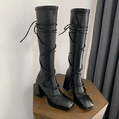 Eva Vegan Leather Chunky Heel strappy Knee High Boots NEW GEW