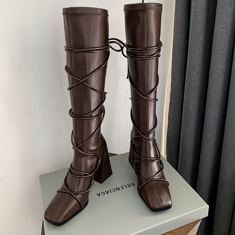 Eva Vegan Leather Chunky Heel strappy Knee High Boots NEW GEW