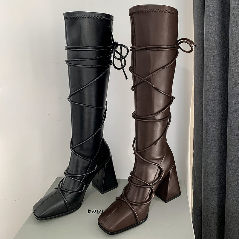 Eva Vegan Leather Chunky Heel strappy Knee High Boots NEW GEW