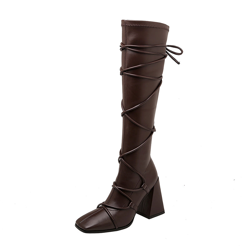 Eva Vegan Leather Chunky Heel strappy Knee High Boots NEW GEW