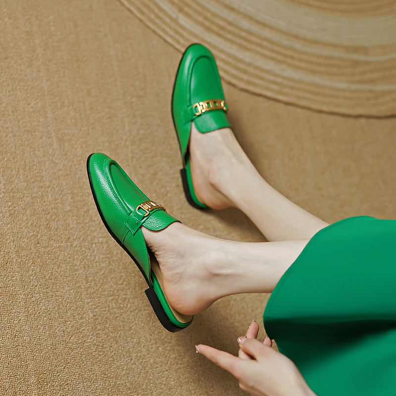 Eleni Green Leather Flat Mules NEW GEW