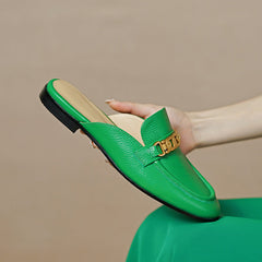 Eleni Green Leather Flat Mules NEW GEW