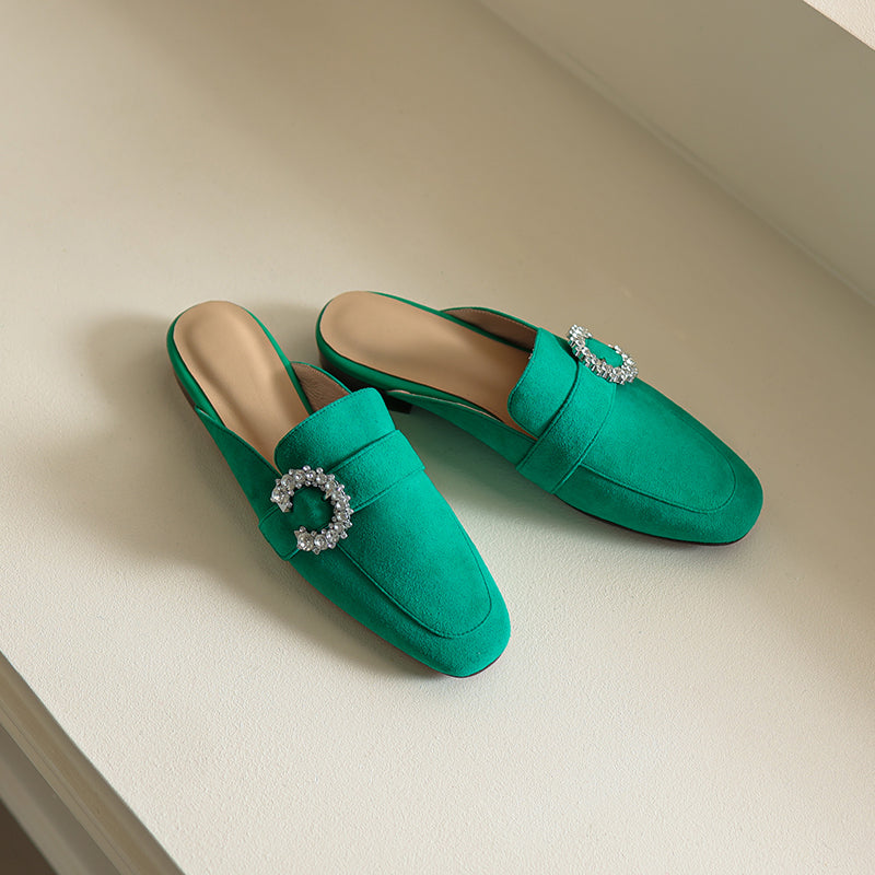 Elara Green Suede Flat Mules NEW GEW