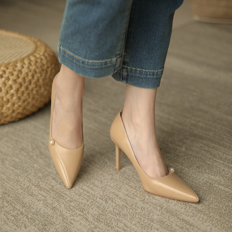 Mila Nude Pointed Toe Heels with Pearl newgew