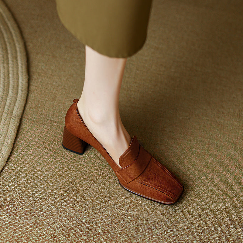 Inga Square Toe Block Heeled Loafers Brown Newgew