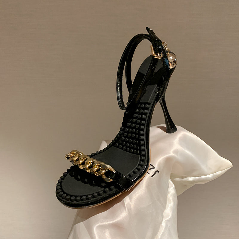 Ilana Black Ankle Strap Sandals Heels with Gold Chain Newgew