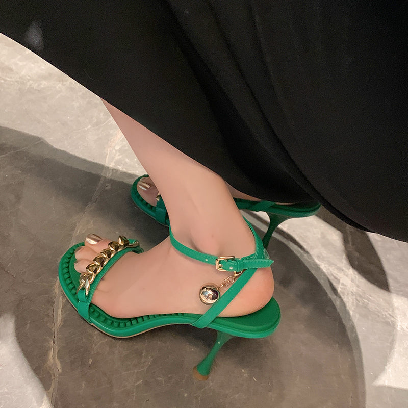 Ilana Green Sandals Heels with Gold Chain Newgew