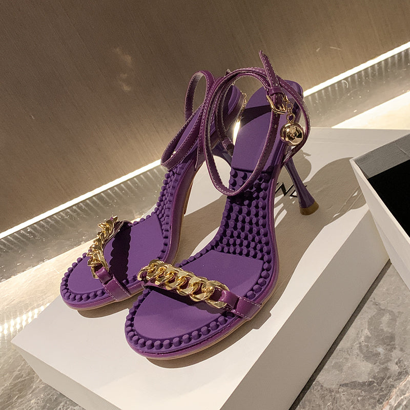 Ilana Purple Sandals Heels with Gold Chain Newgew