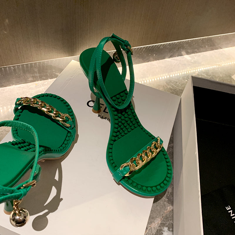 Ilana Green Sandals Heels with Gold Chain Newgew