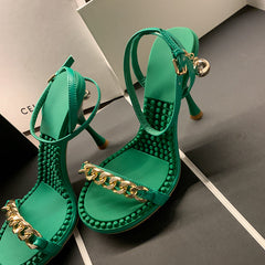 Ilana Green Sandals Heels with Gold Chain Newgew