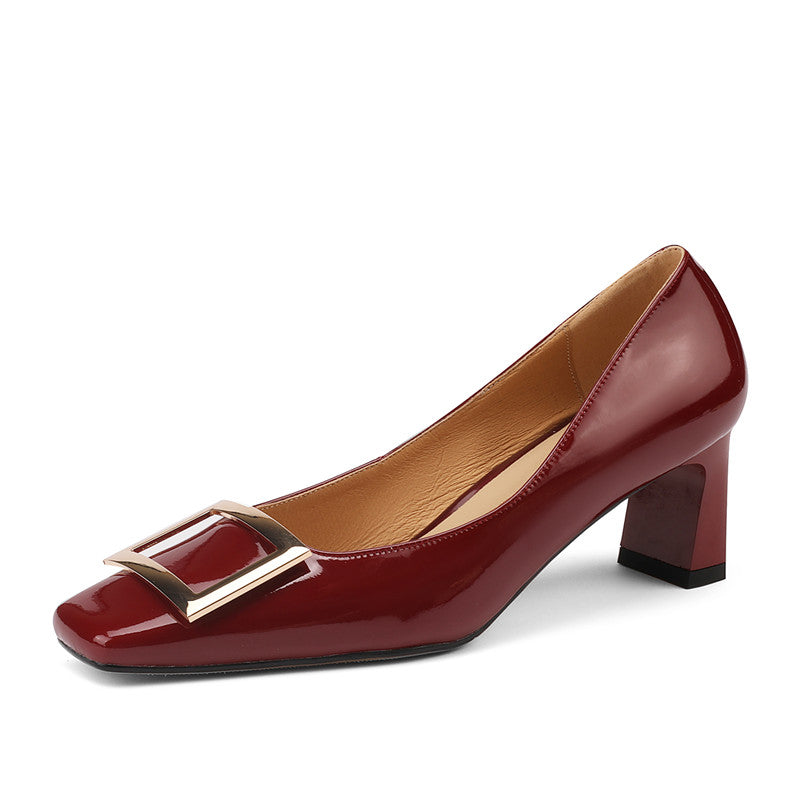 Hadley Patent Leather Square Toe Handmade Low Heels with Square Buckle Newgew