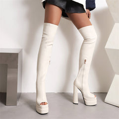 Goldy Open Toe White Thigh High Boots Newgew