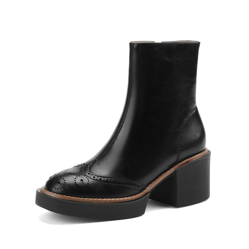 Hanan Block Heel Black Brogue Boots Newgew