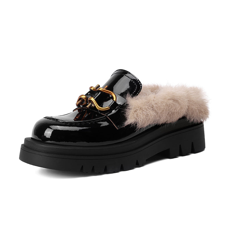 Zayda Genuine Leather Platform Chunky Mules with Fur Newgew