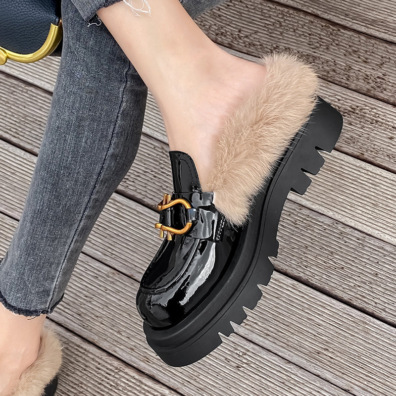 Zayda Genuine Leather Platform Chunky Mules with Fur Newgew
