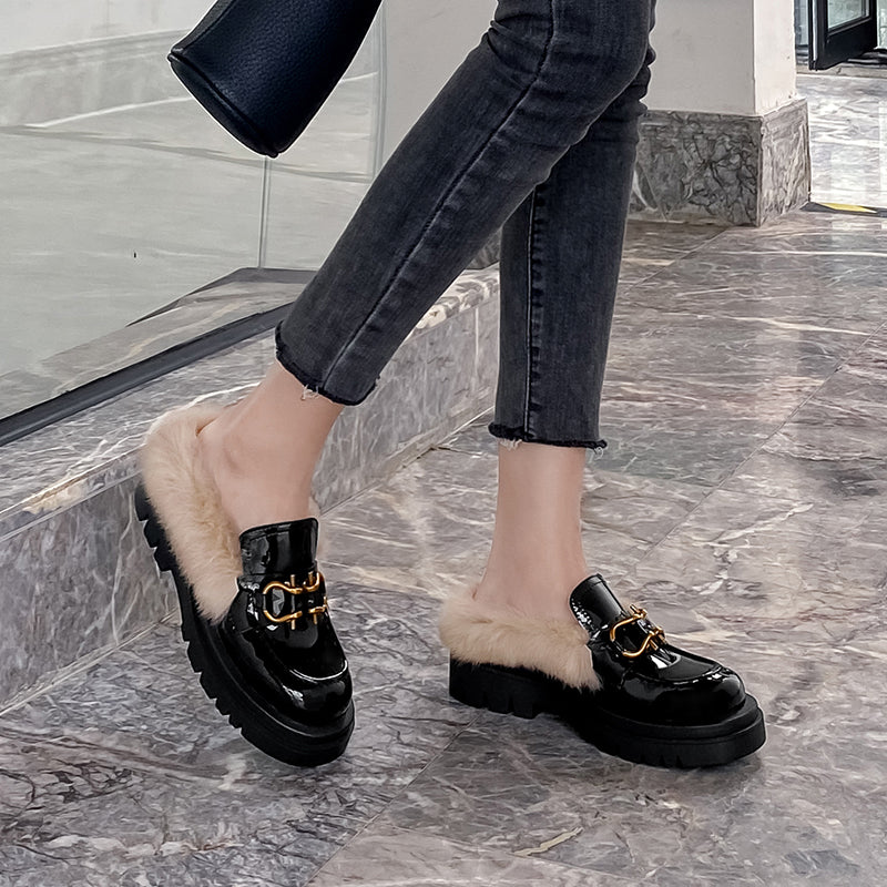 Zayda Genuine Leather Platform Chunky Mules with Fur Newgew